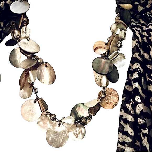 Long Abalone Shell Disc and Bead Necklace – Silvertone Chain Dangle Design - Picture 1 of 6